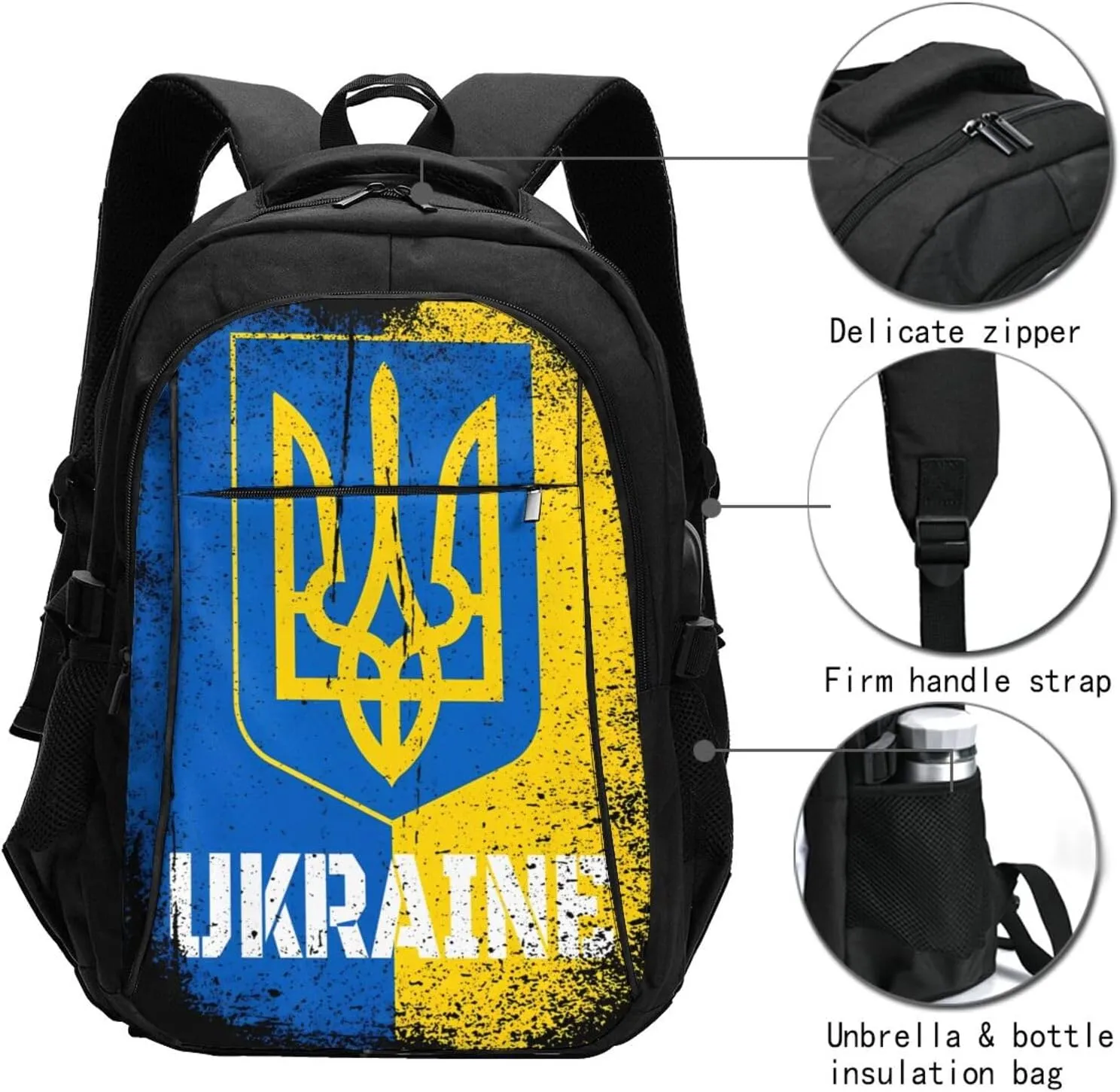 Ukraine Ukrainian Flag Casual Travel Backpacks Hiking Camping Backpack Large Outdoor Sport Daypack Laptop Rucksack Climbing Working Bags with USB Port