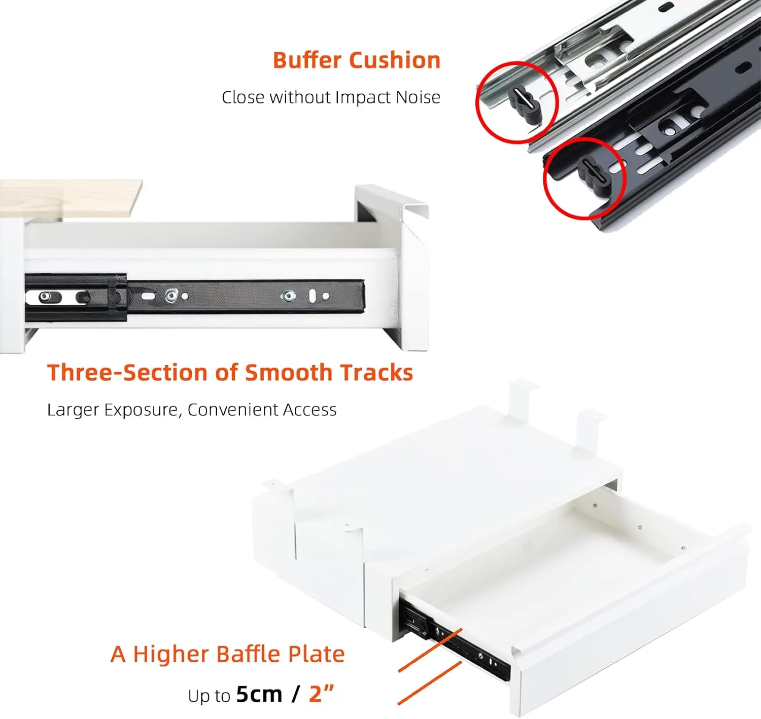Under Desk Drawer 18", Pull-out Storage Organizer with Tall Brackets Mounted Under Wooden Table with a Max 2" Crossbar, White_Tall Version