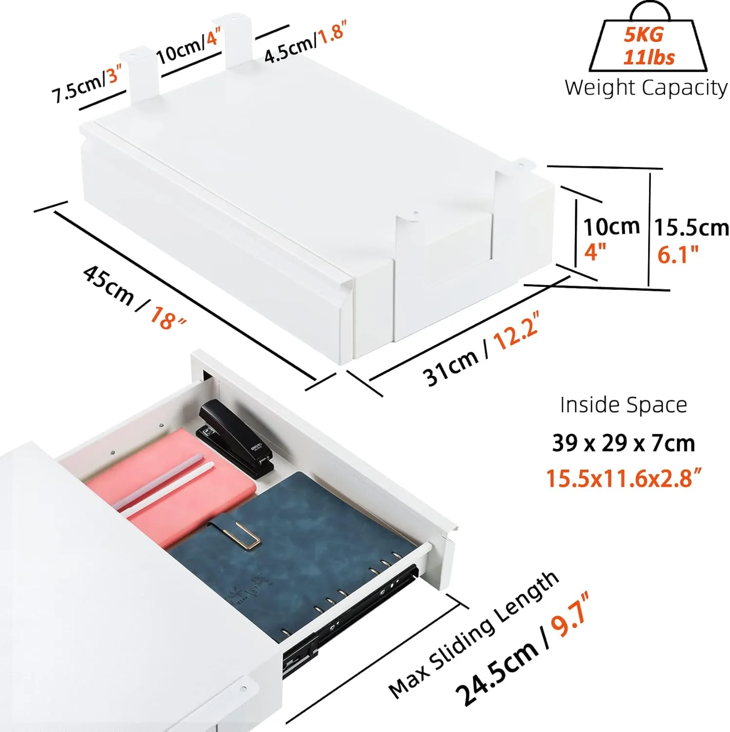 Under Desk Drawer 18", Pull-out Storage Organizer with Tall Brackets Mounted Under Wooden Table with a Max 2" Crossbar, White_Tall Version