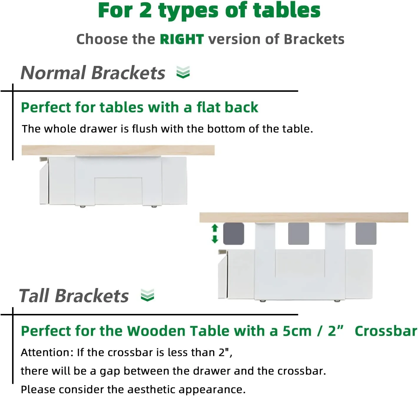 Under Desk Drawer 18", Pull-out Storage Organizer with Tall Brackets Mounted Under Wooden Table with a Max 2" Crossbar, White_Tall Version