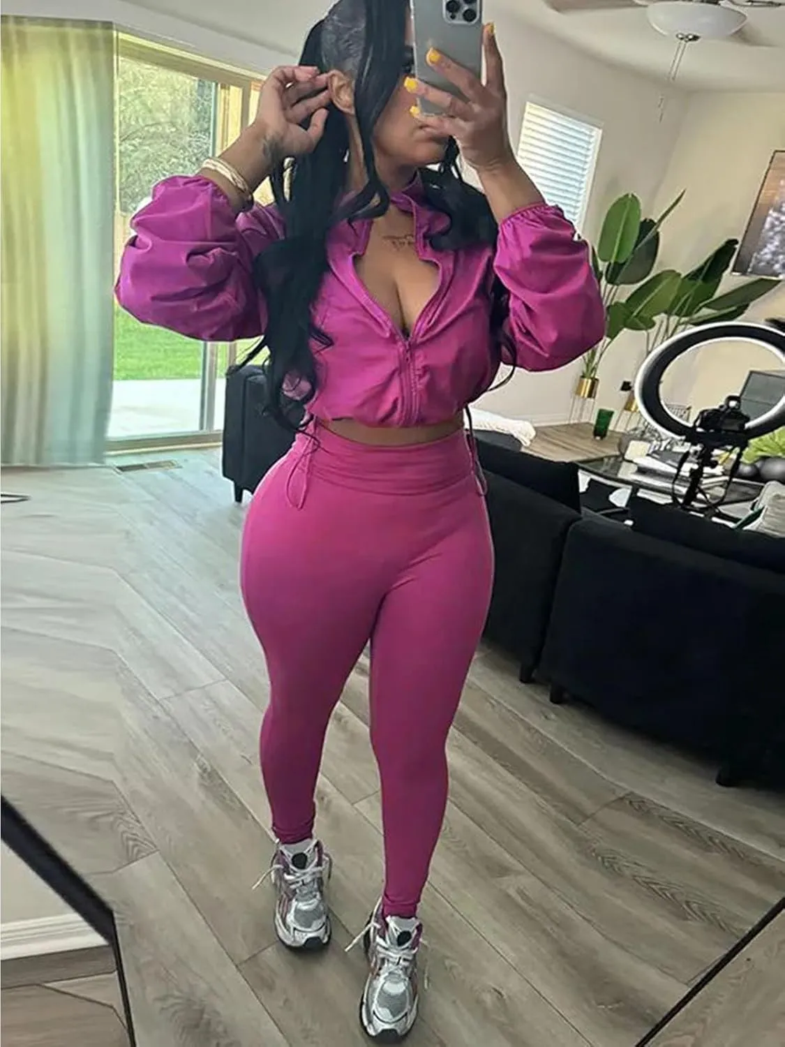Uni Clau Women 2 Piece Outfits Tracksuit Drawstring Long Sleeve Zip Up Crop Jacket with Bodycon Pant Set Sweatsuit Clothes