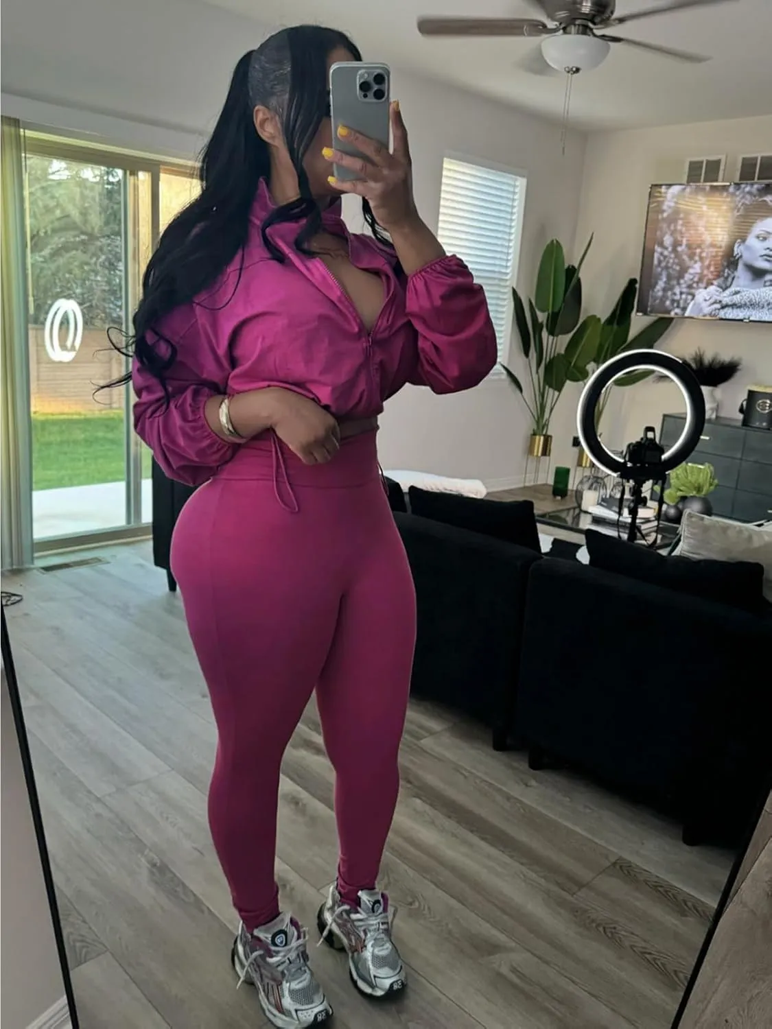 Uni Clau Women 2 Piece Outfits Tracksuit Drawstring Long Sleeve Zip Up Crop Jacket with Bodycon Pant Set Sweatsuit Clothes