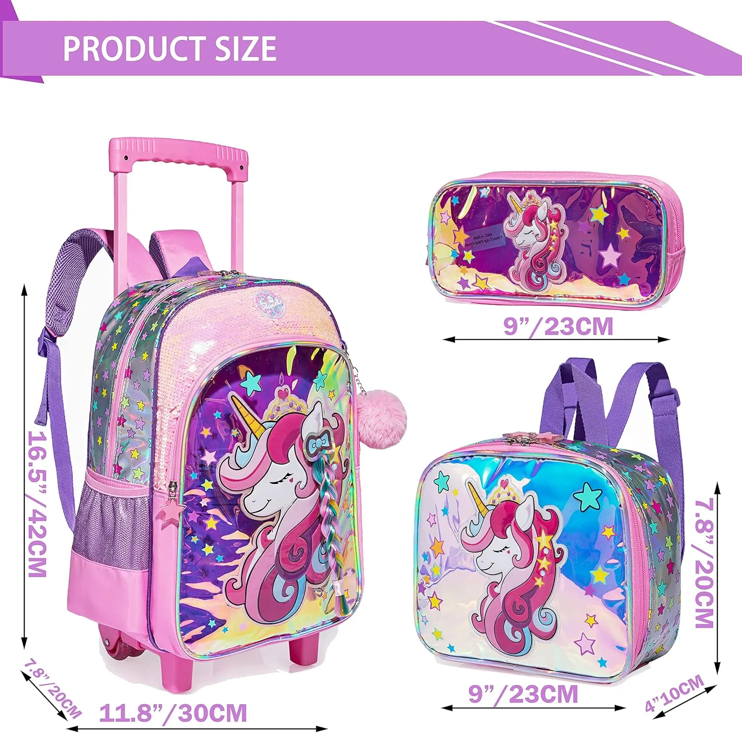 Unicorn Rolling Backpack for Girls Backpack with Wheels Girls Backpack with Lunch Box Set Kids Suitcase for Girls Lightweight Wheeled Elementary Preschool Bookbag Travel School Bag with Roller