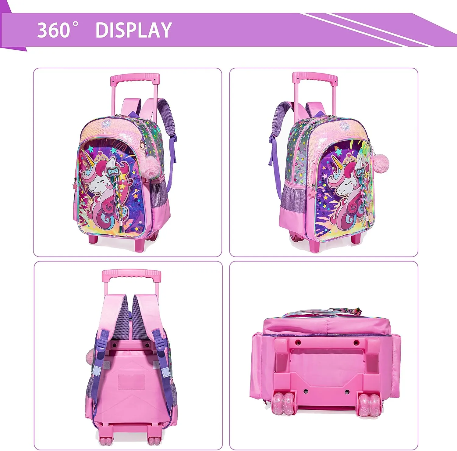 Unicorn Rolling Backpack for Girls Backpack with Wheels Girls Backpack with Lunch Box Set Kids Suitcase for Girls Lightweight Wheeled Elementary Preschool Bookbag Travel School Bag with Roller