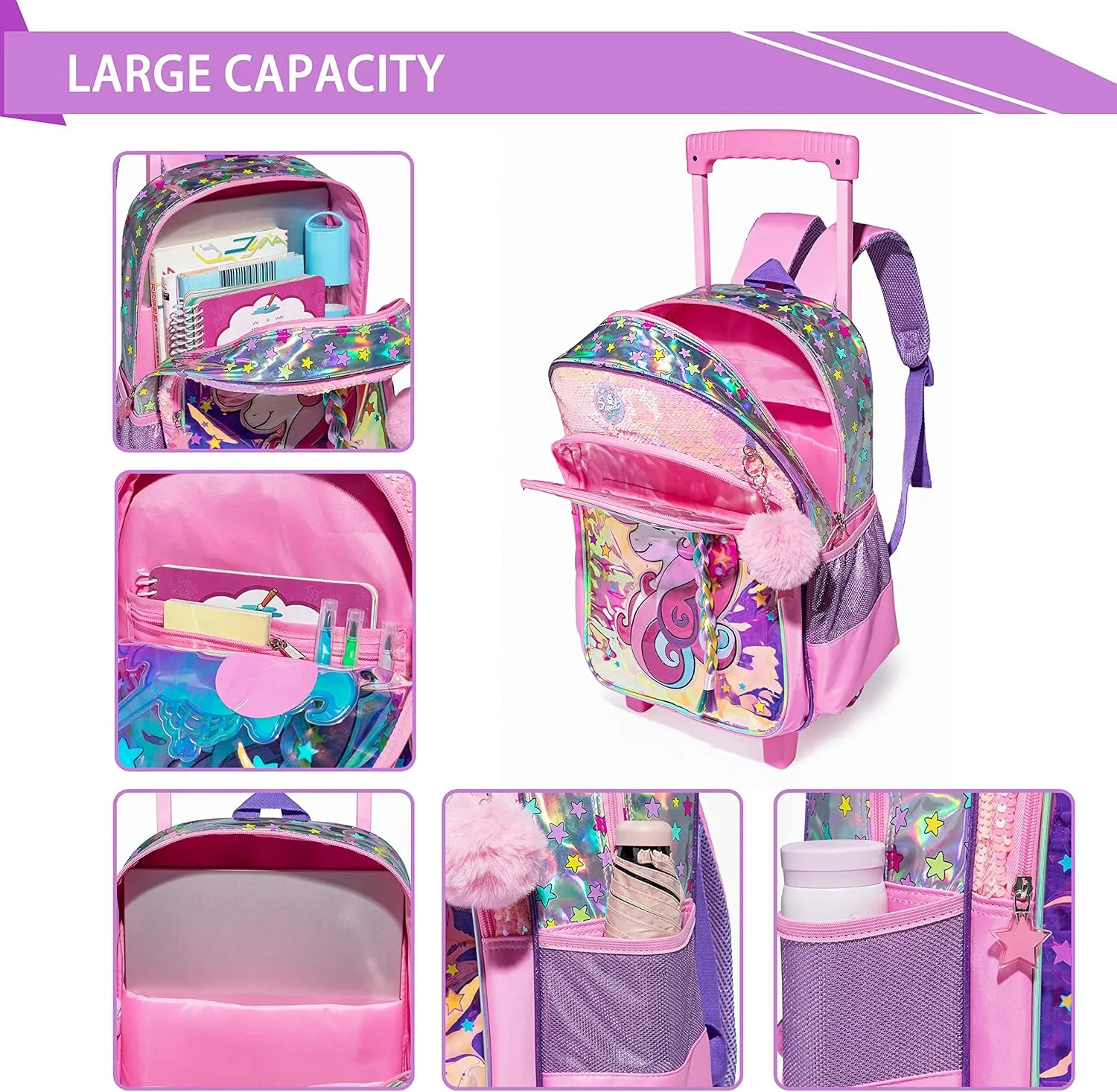 Unicorn Rolling Backpack for Girls Backpack with Wheels Girls Backpack with Lunch Box Set Kids Suitcase for Girls Lightweight Wheeled Elementary Preschool Bookbag Travel School Bag with Roller