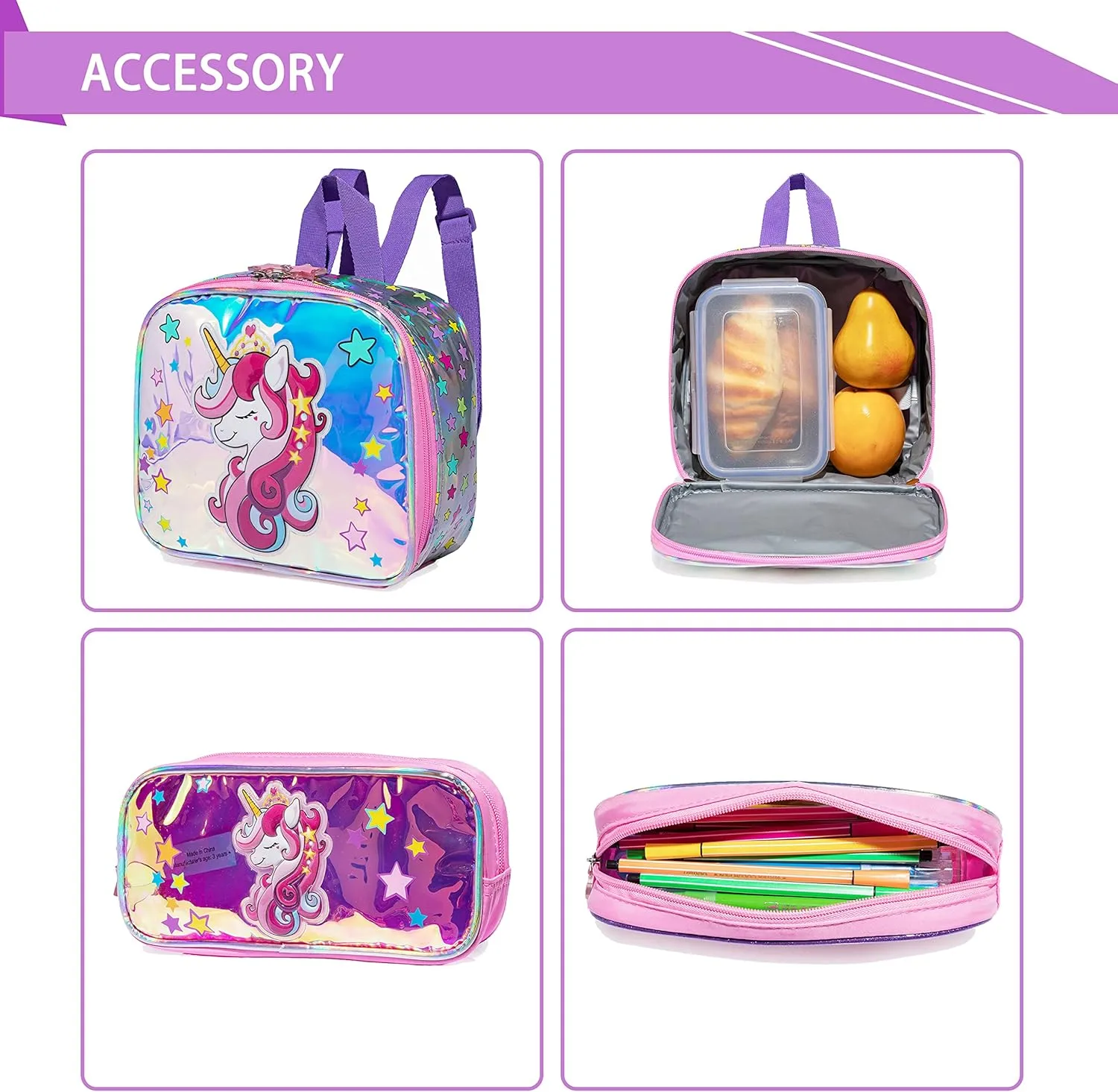 Unicorn Rolling Backpack for Girls Backpack with Wheels Girls Backpack with Lunch Box Set Kids Suitcase for Girls Lightweight Wheeled Elementary Preschool Bookbag Travel School Bag with Roller