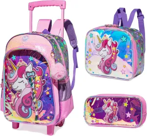 Unicorn Rolling Backpack for Girls Backpack with Wheels Girls Backpack with Lunch Box Set Kids Suitcase for Girls Lightweight Wheeled Elementary Preschool Bookbag Travel School Bag with Roller