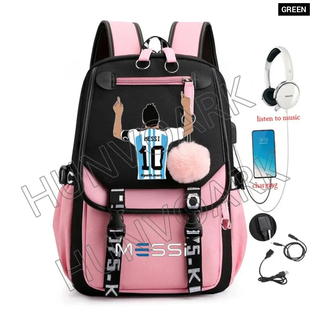 Unisex Messi Usb Charging Laptop School Bag for High School Kids