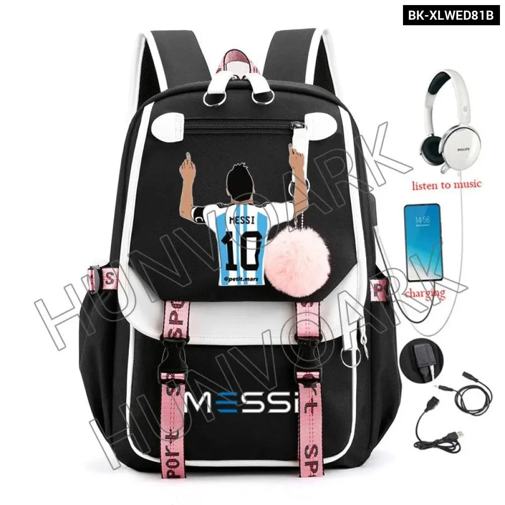 Unisex Messi Usb Charging Laptop School Bag for High School Kids