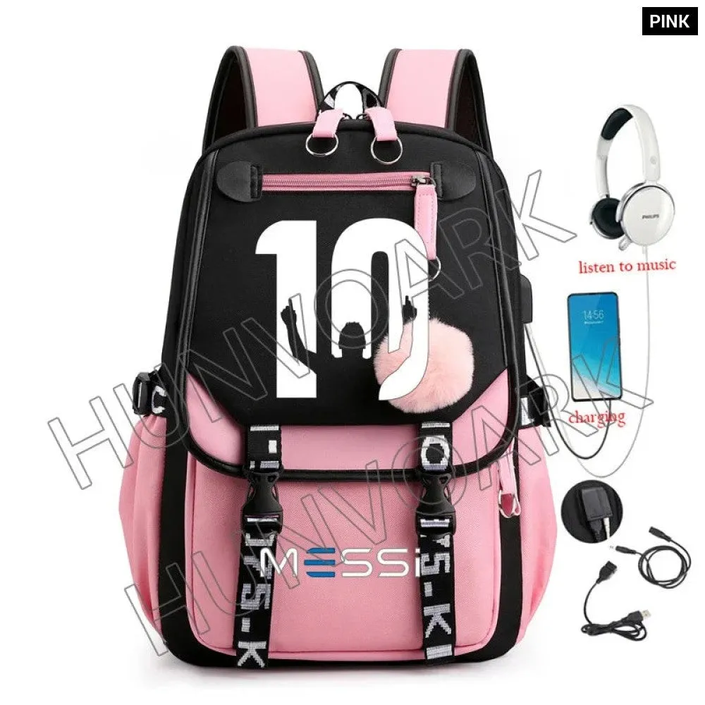 Unisex Messi Usb Charging Laptop School Bag for High School Kids