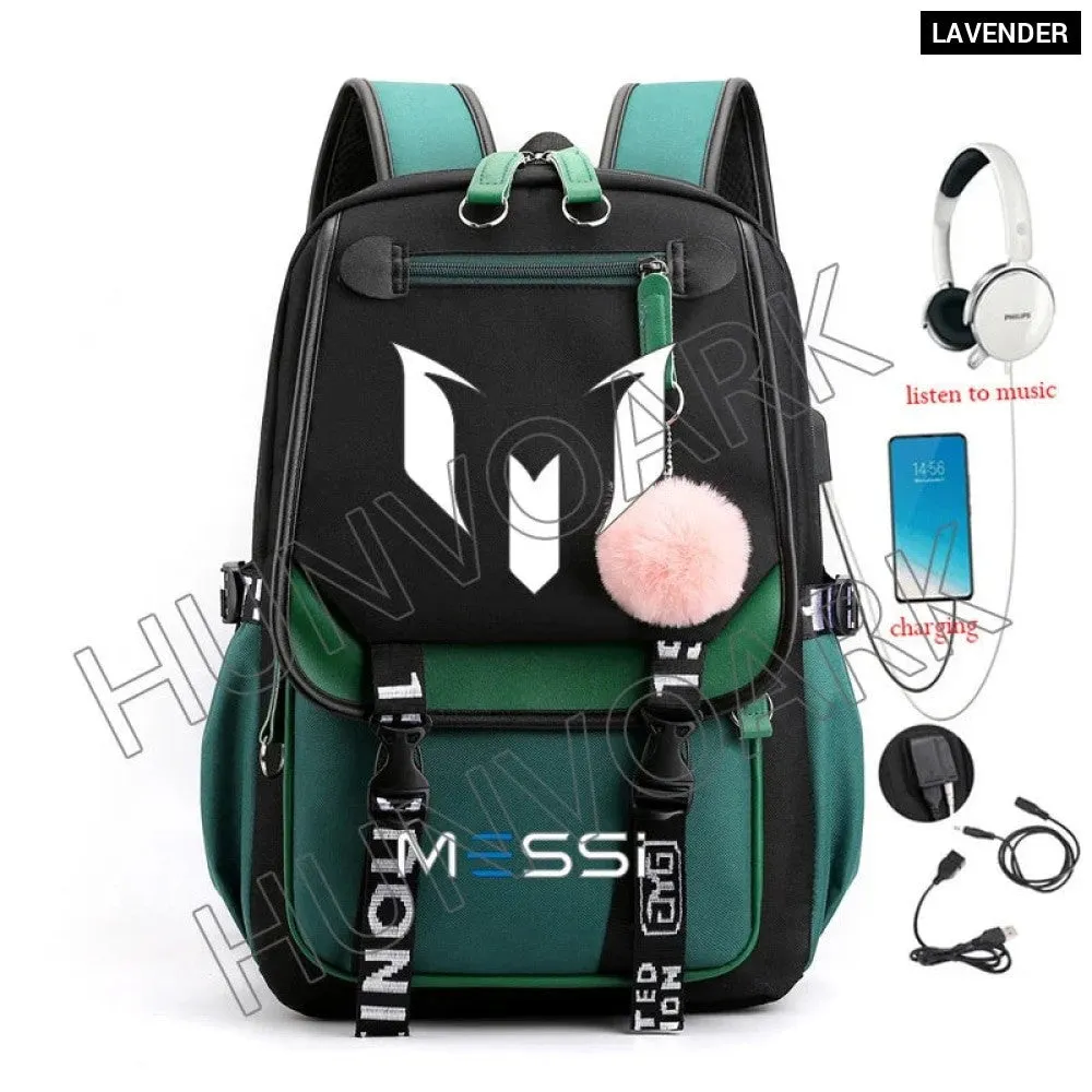 Unisex Messi Usb Charging Laptop School Bag for High School Kids