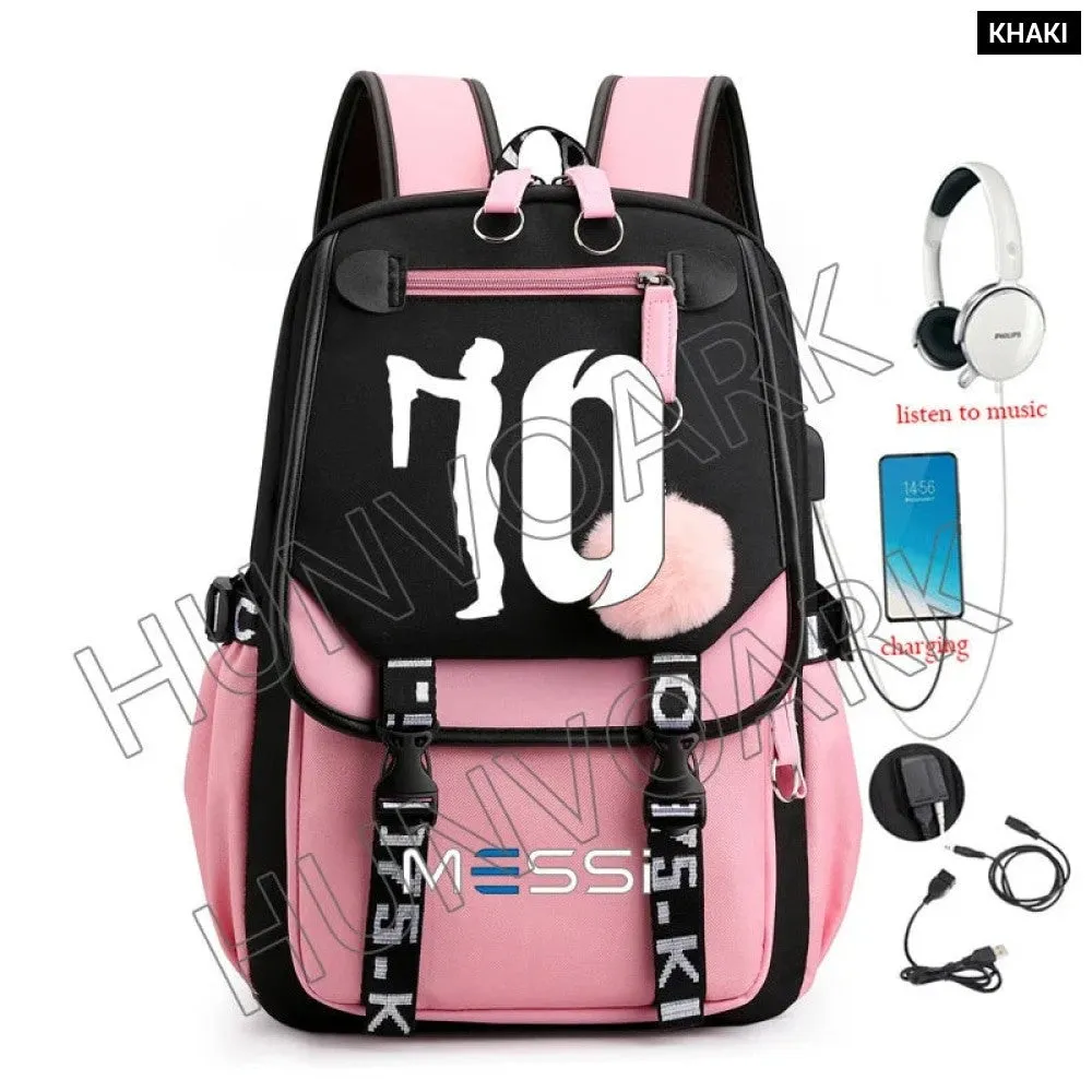 Unisex Messi Usb Charging Laptop School Bag for High School Kids