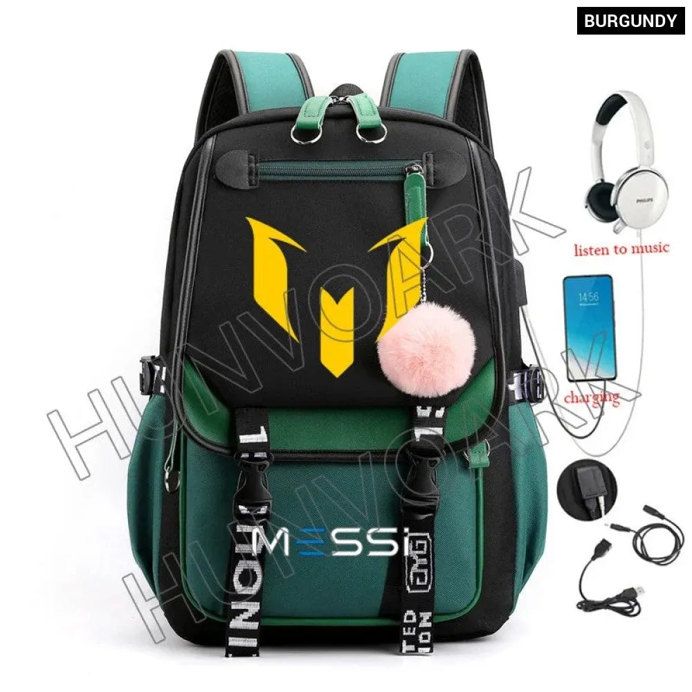 Unisex Messi Usb Charging Laptop School Bag for High School Kids