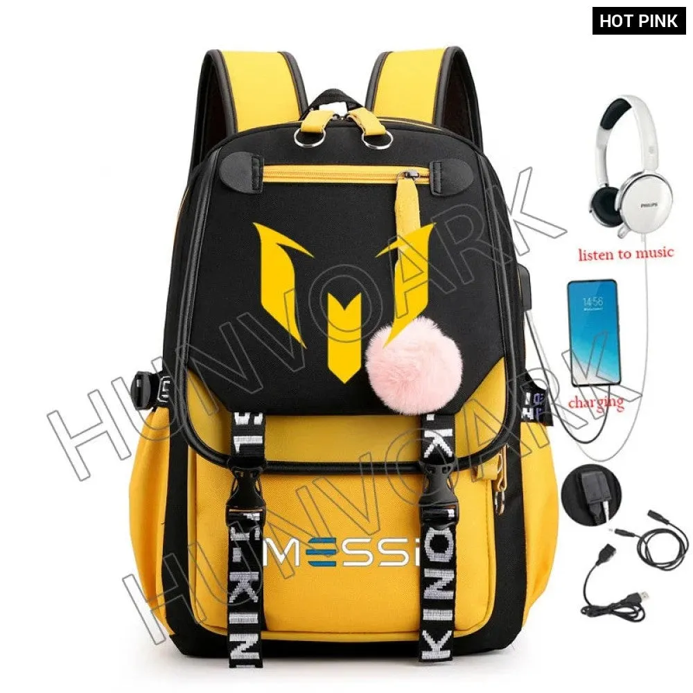 Unisex Messi Usb Charging Laptop School Bag for High School Kids