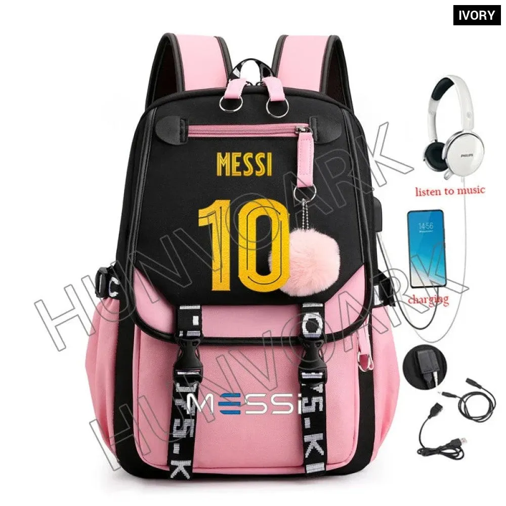 Unisex Messi Usb Charging Laptop School Bag for High School Kids