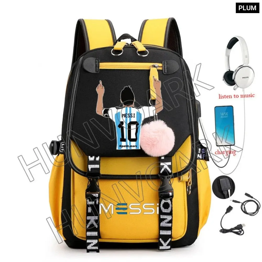 Unisex Messi Usb Charging Laptop School Bag for High School Kids