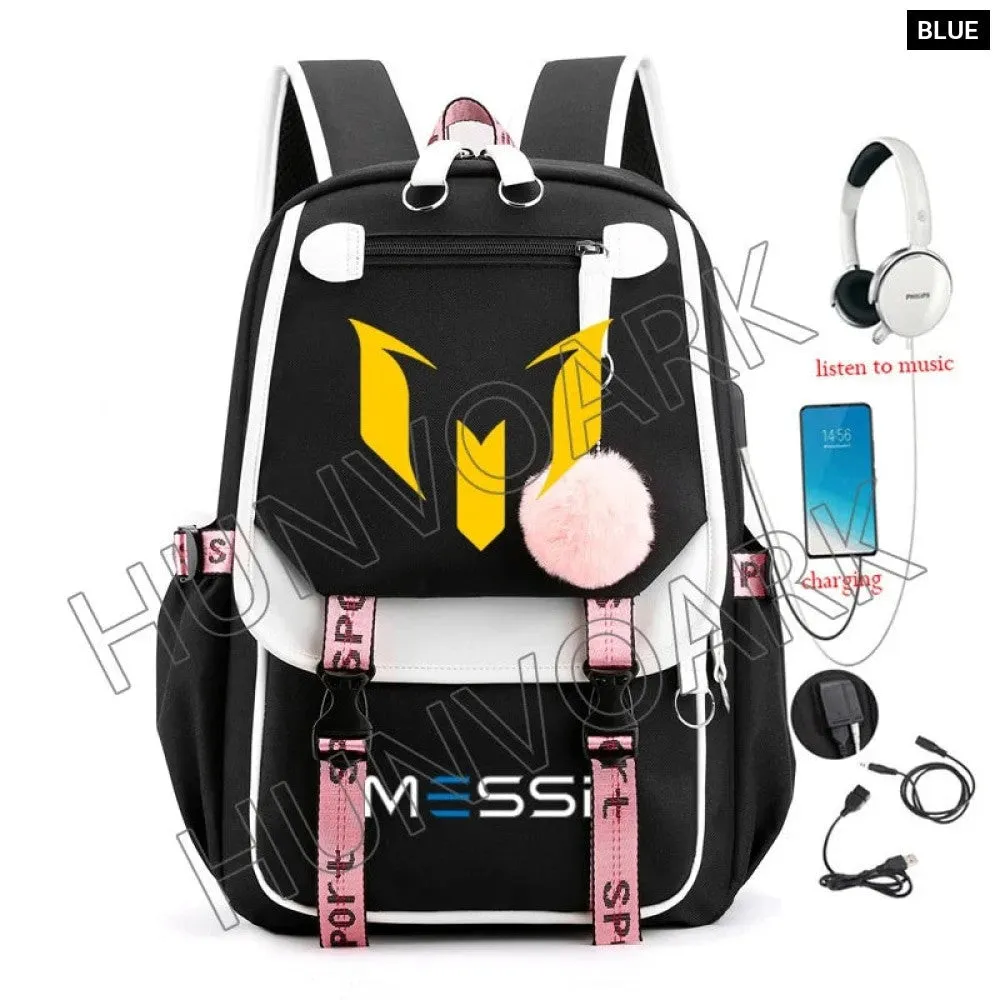 Unisex Messi Usb Charging Laptop School Bag for High School Kids