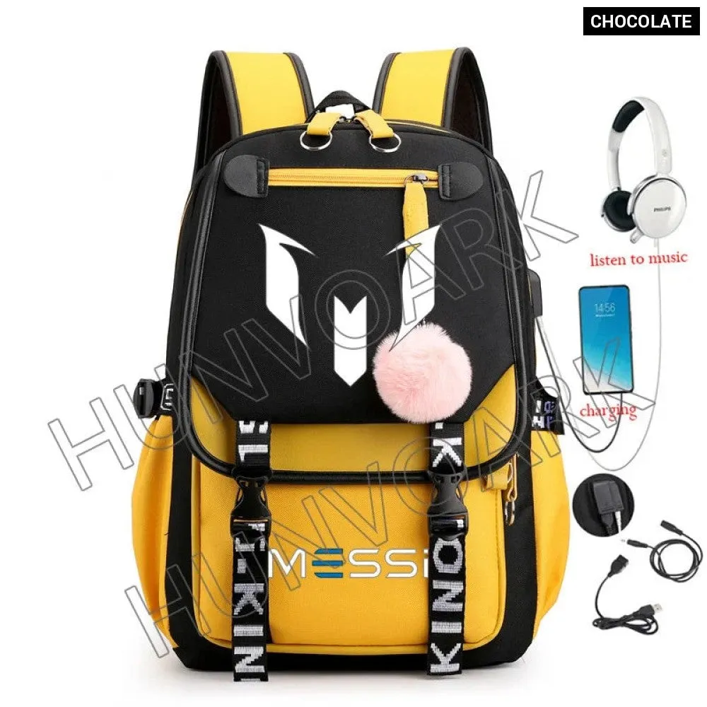 Unisex Messi Usb Charging Laptop School Bag for High School Kids