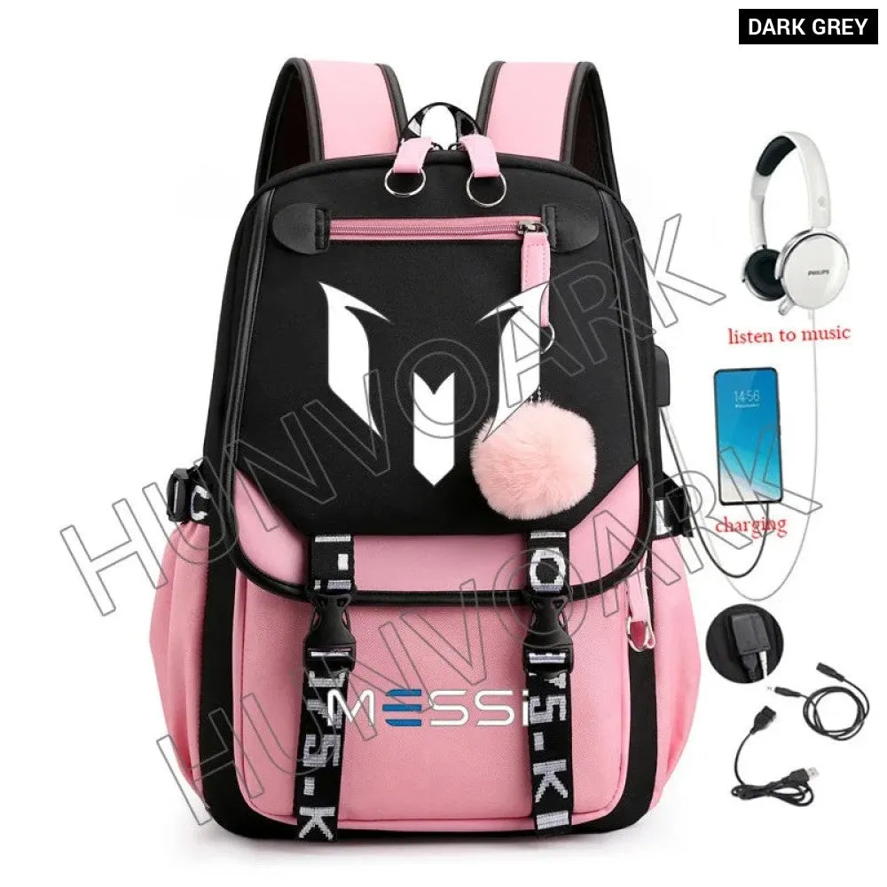 Unisex Messi Usb Charging Laptop School Bag for High School Kids