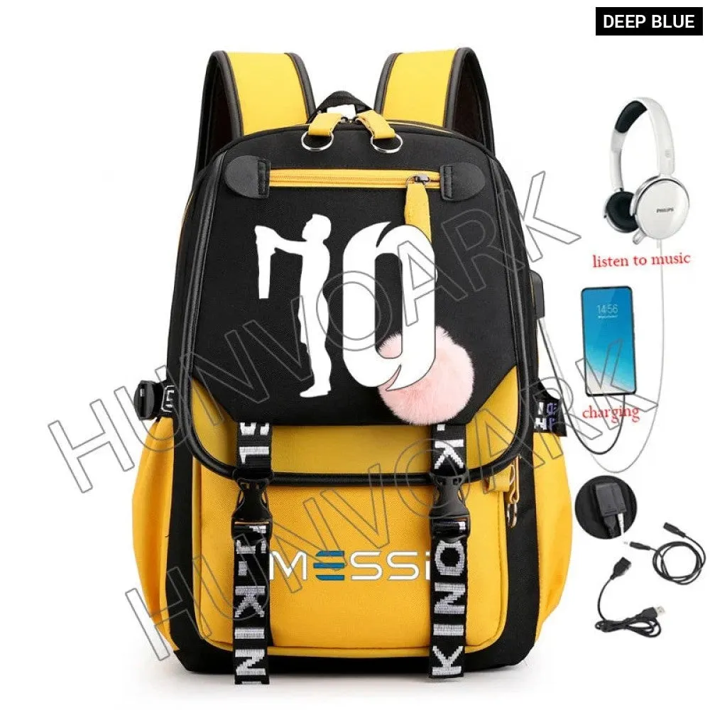 Unisex Messi Usb Charging Laptop School Bag for High School Kids