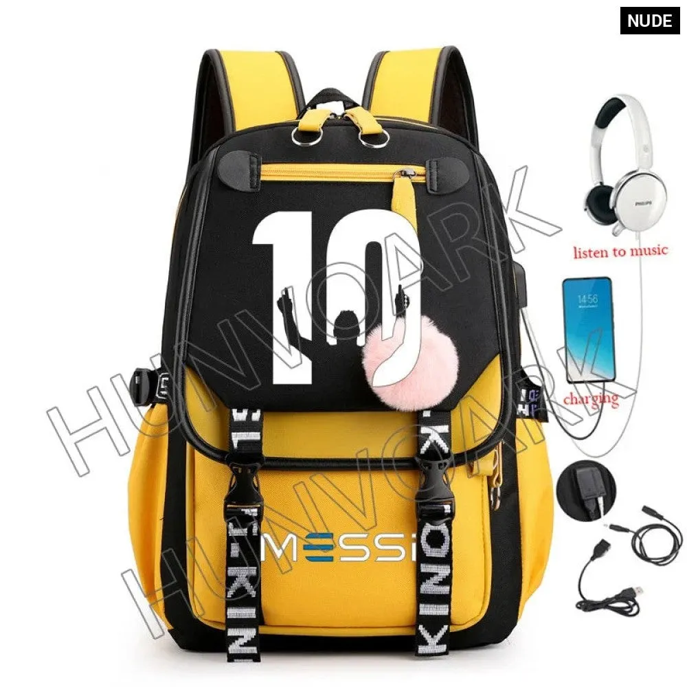 Unisex Messi Usb Charging Laptop School Bag for High School Kids