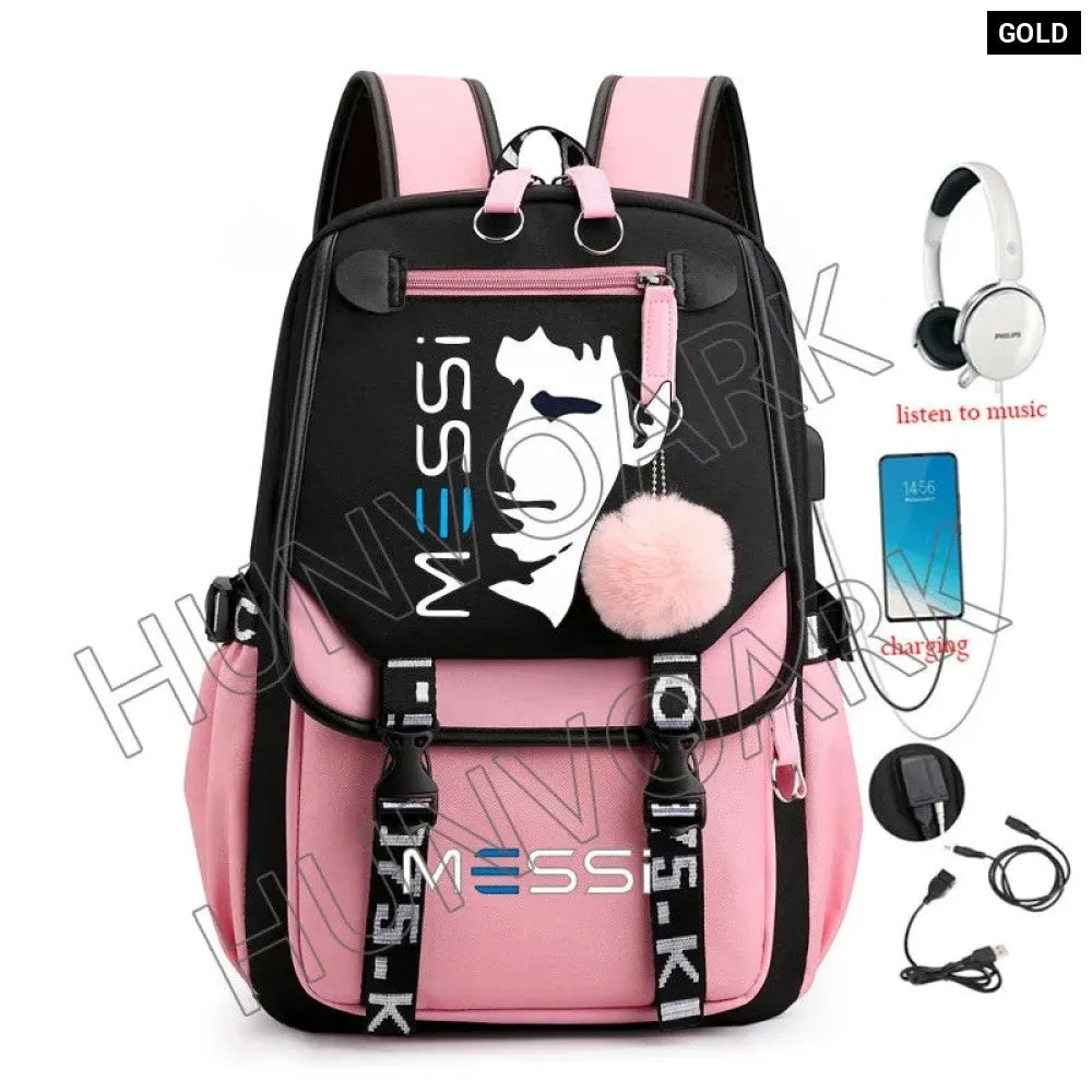 Unisex Messi Usb Charging Laptop School Bag for High School Kids