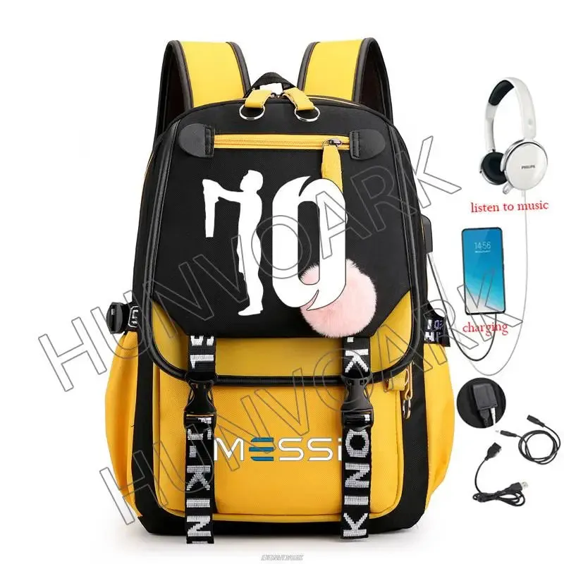Unisex Messi Usb Charging Laptop School Bag for High School Kids