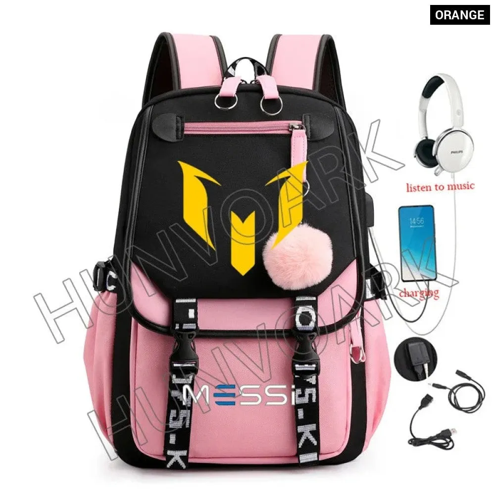 Unisex Messi Usb Charging Laptop School Bag for High School Kids