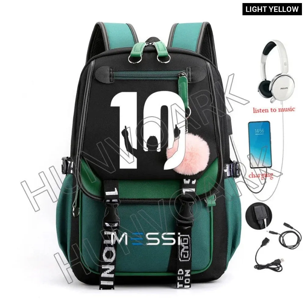 Unisex Messi Usb Charging Laptop School Bag for High School Kids