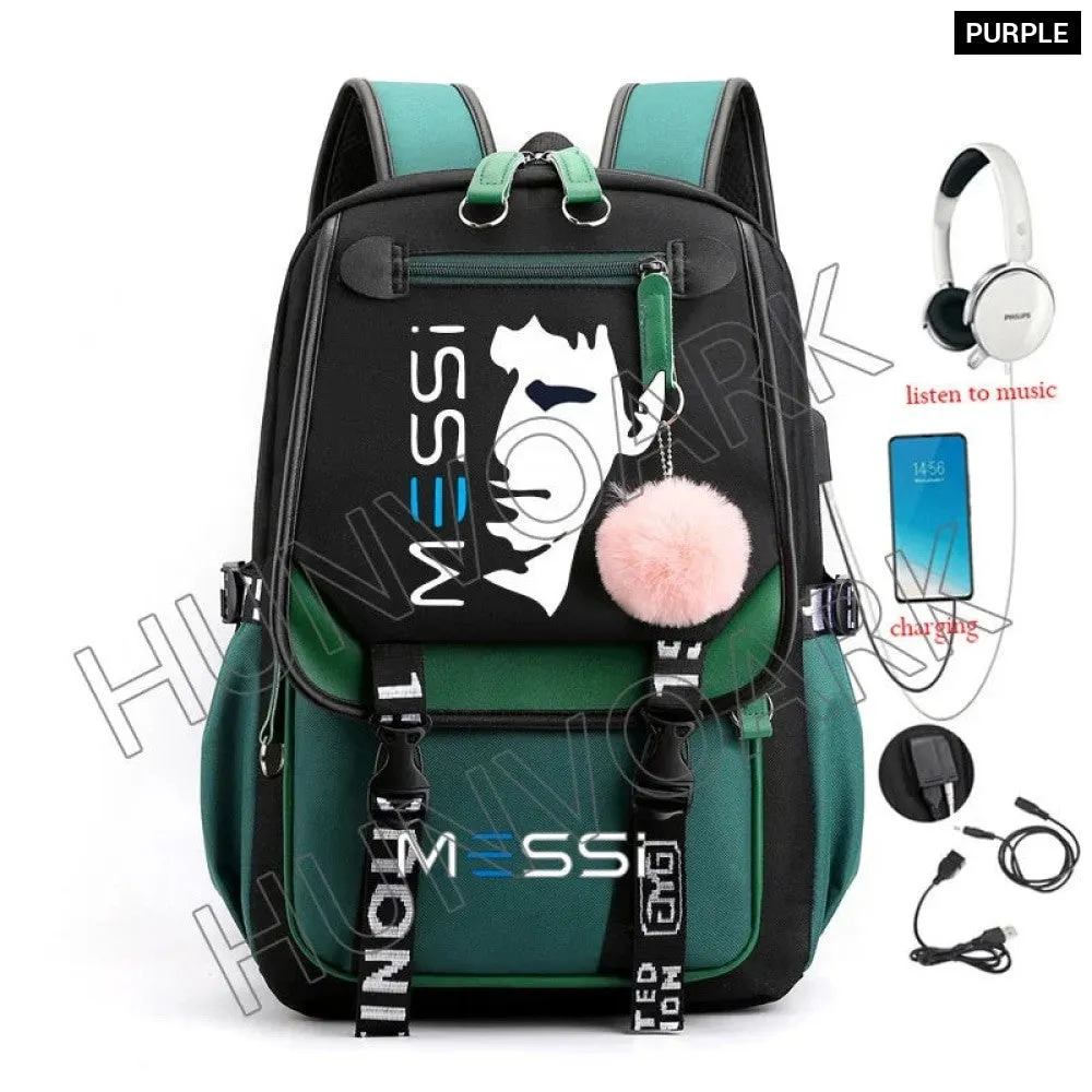 Unisex Messi Usb Charging Laptop School Bag for High School Kids