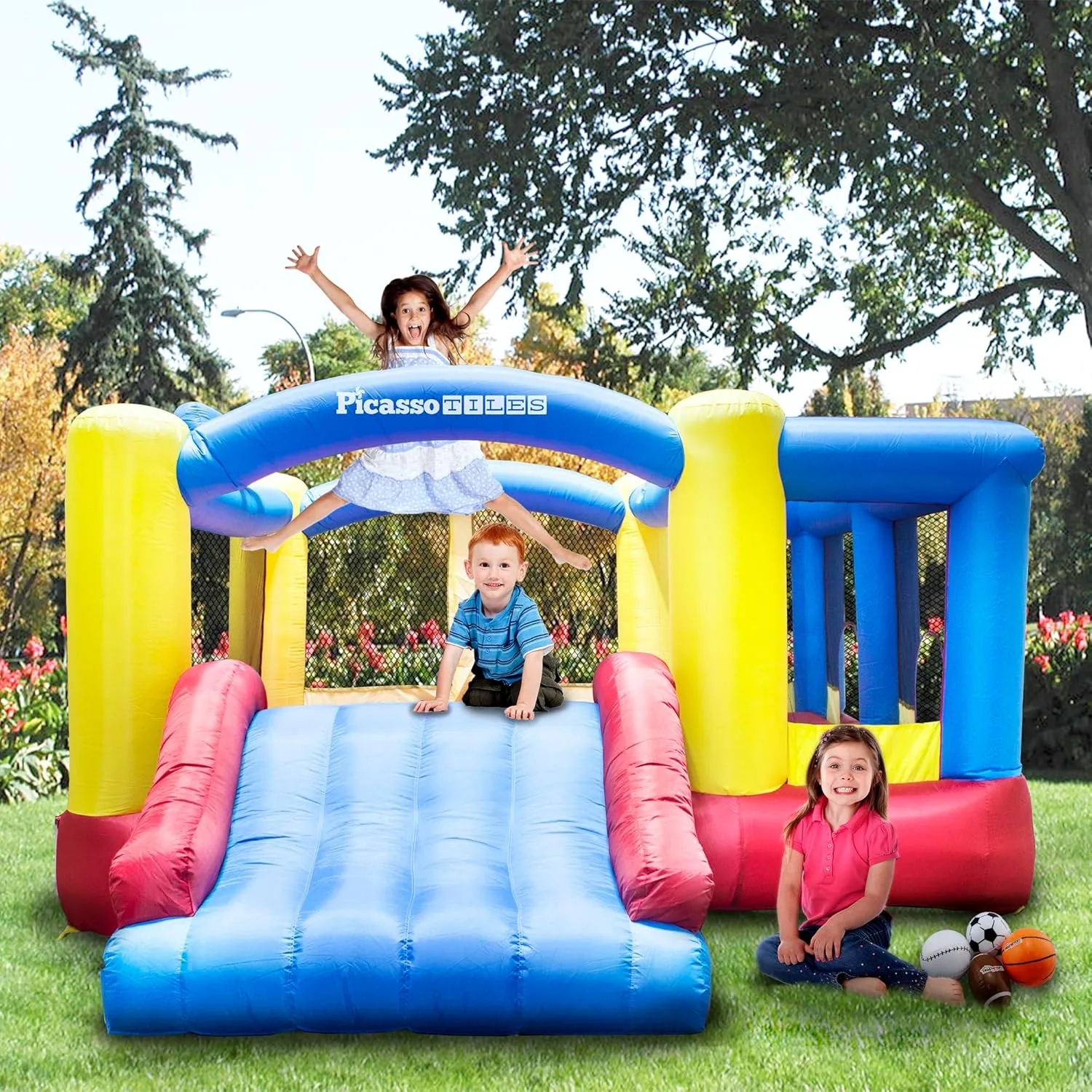 [Upgrade Version] PicassoTiles KC102 12x10 Foot Inflatable Bouncer Jumping Bouncing House, Jump Slide, Dunk Playhouse w/Basketball Rim, 4 Sports Balls, Full-Size Entry, 580W ETL Certified Blower
