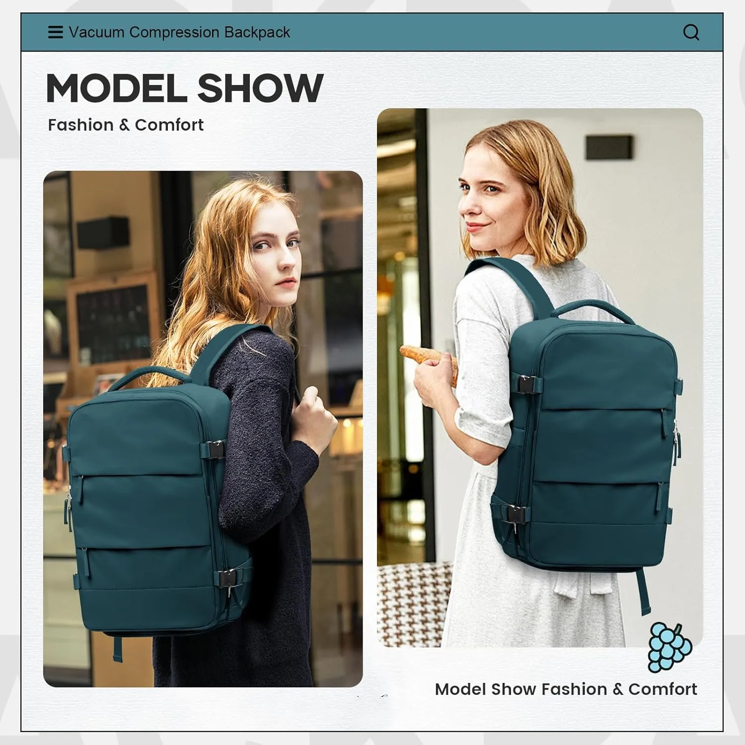Vacuum Travel Backpack for Women Men Carry on Backpack Luggage Flight Approved Personal item Travel Bag Essentials With Wet and Dry Separation Bag Peacock Blue