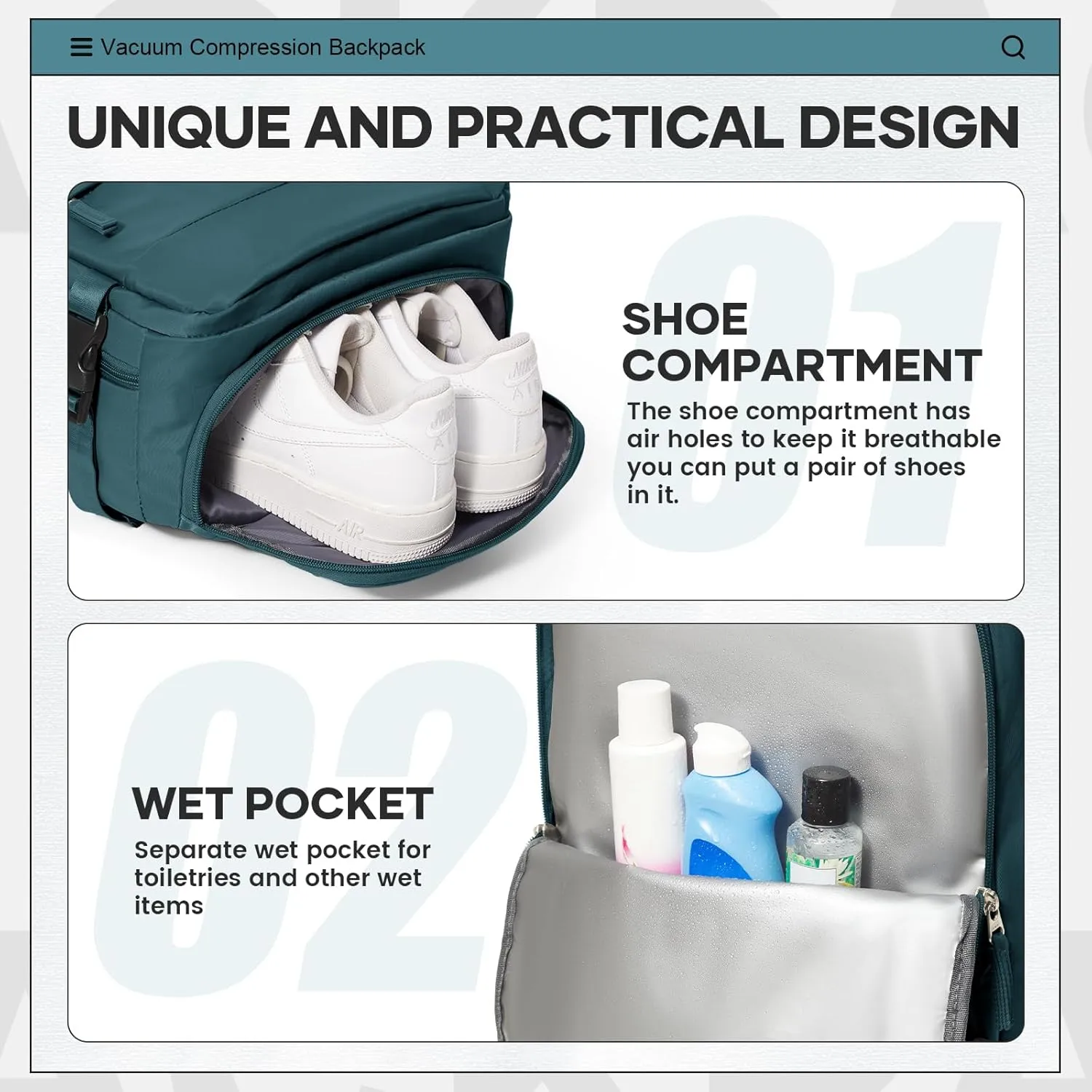 Vacuum Travel Backpack for Women Men Carry on Backpack Luggage Flight Approved Personal item Travel Bag Essentials With Wet and Dry Separation Bag Peacock Blue