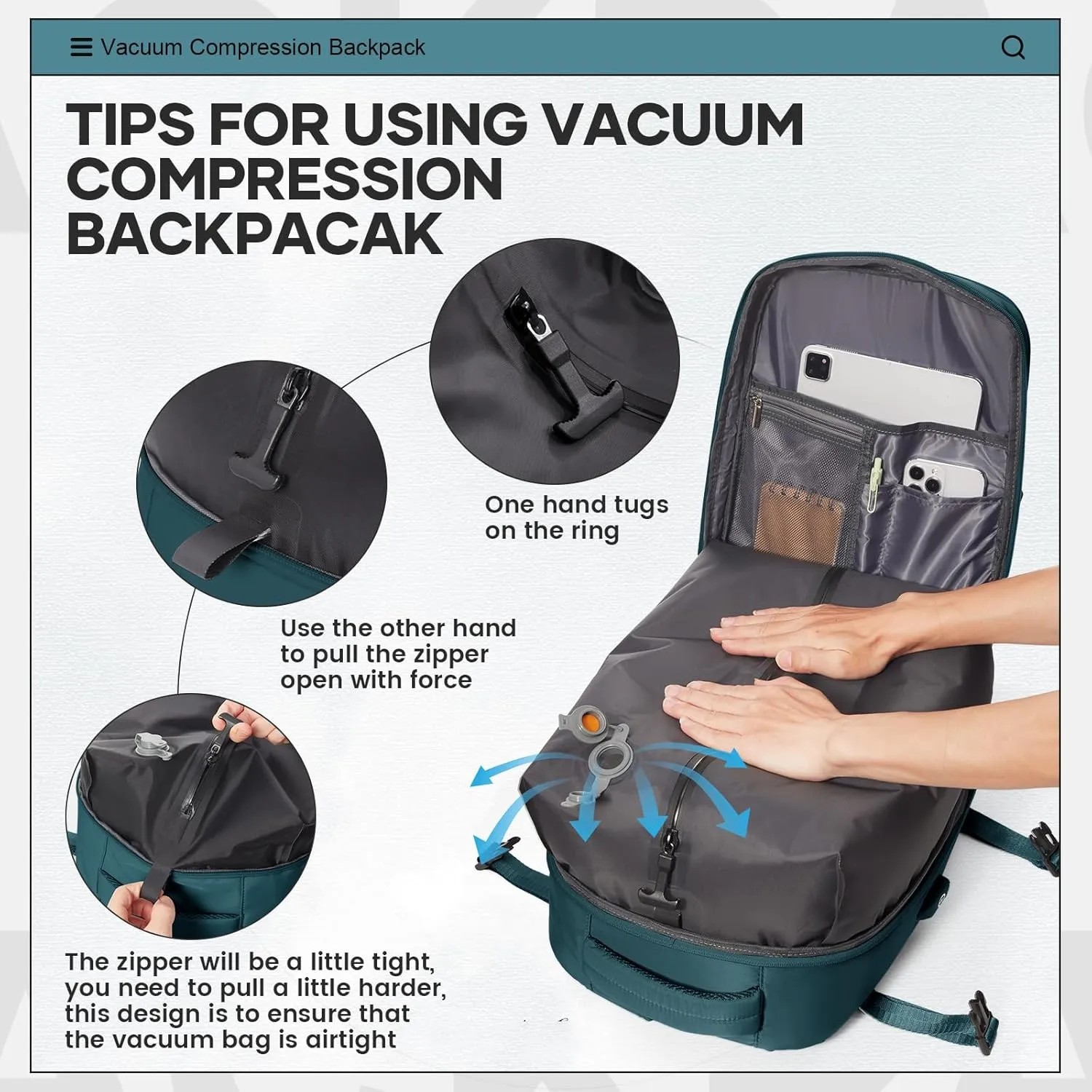 Vacuum Travel Backpack for Women Men Carry on Backpack Luggage Flight Approved Personal item Travel Bag Essentials With Wet and Dry Separation Bag Peacock Blue