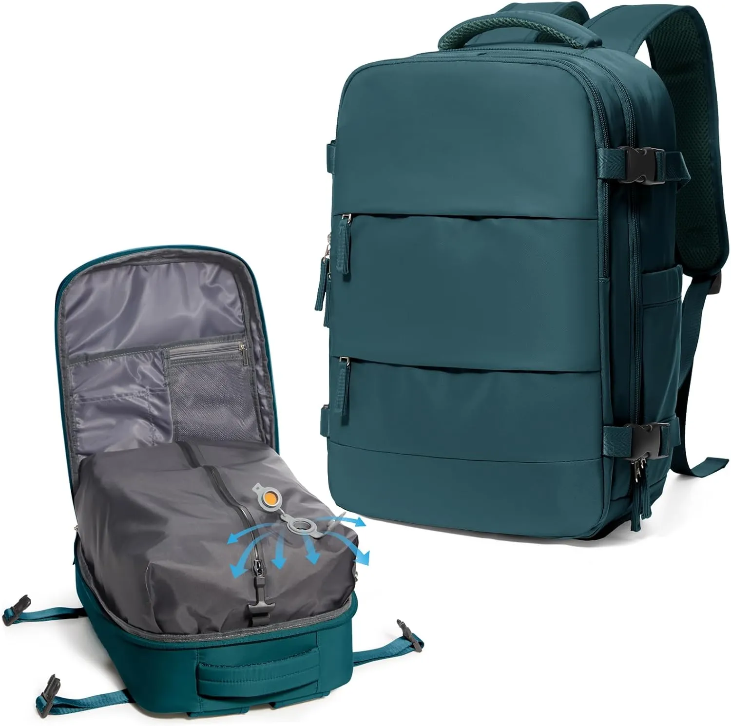 Vacuum Travel Backpack for Women Men Carry on Backpack Luggage Flight Approved Personal item Travel Bag Essentials With Wet and Dry Separation Bag Peacock Blue