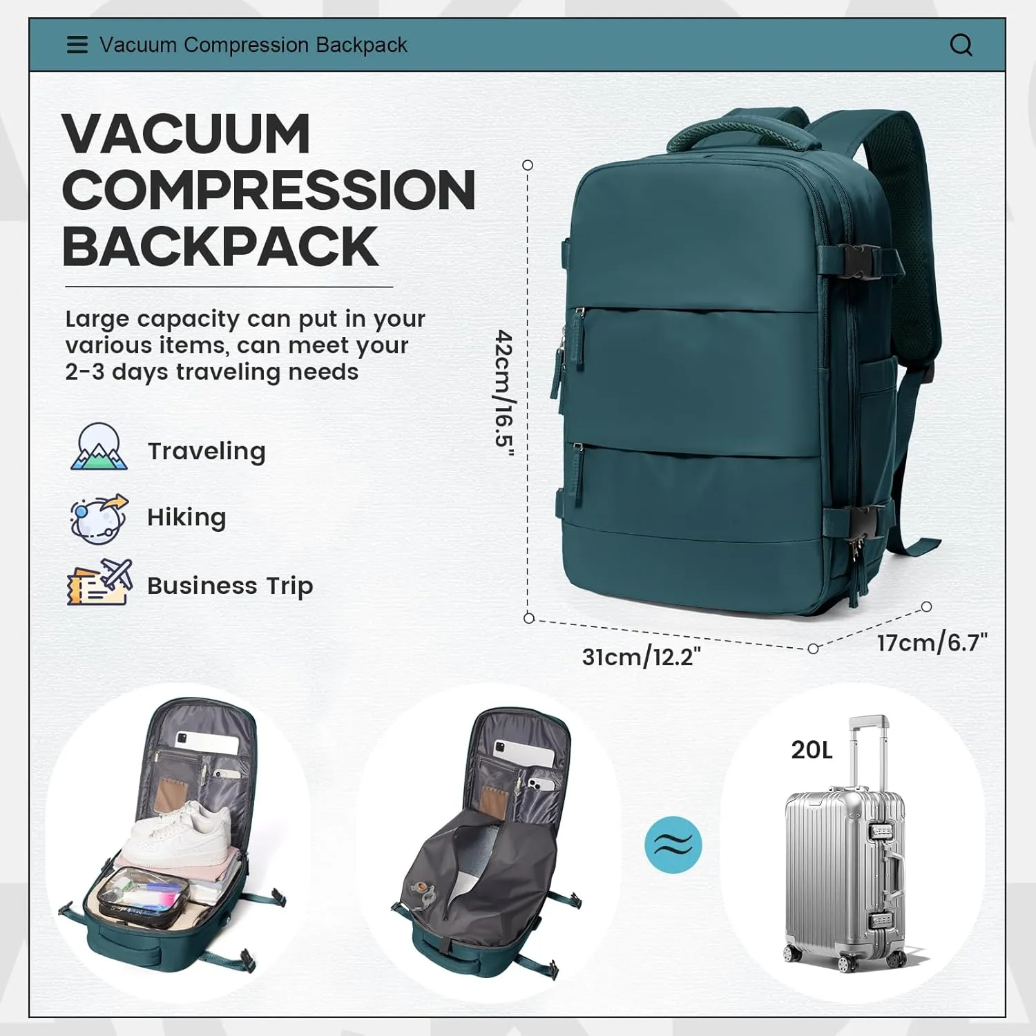 Vacuum Travel Backpack for Women Men Carry on Backpack Luggage Flight Approved Personal item Travel Bag Essentials With Wet and Dry Separation Bag Peacock Blue
