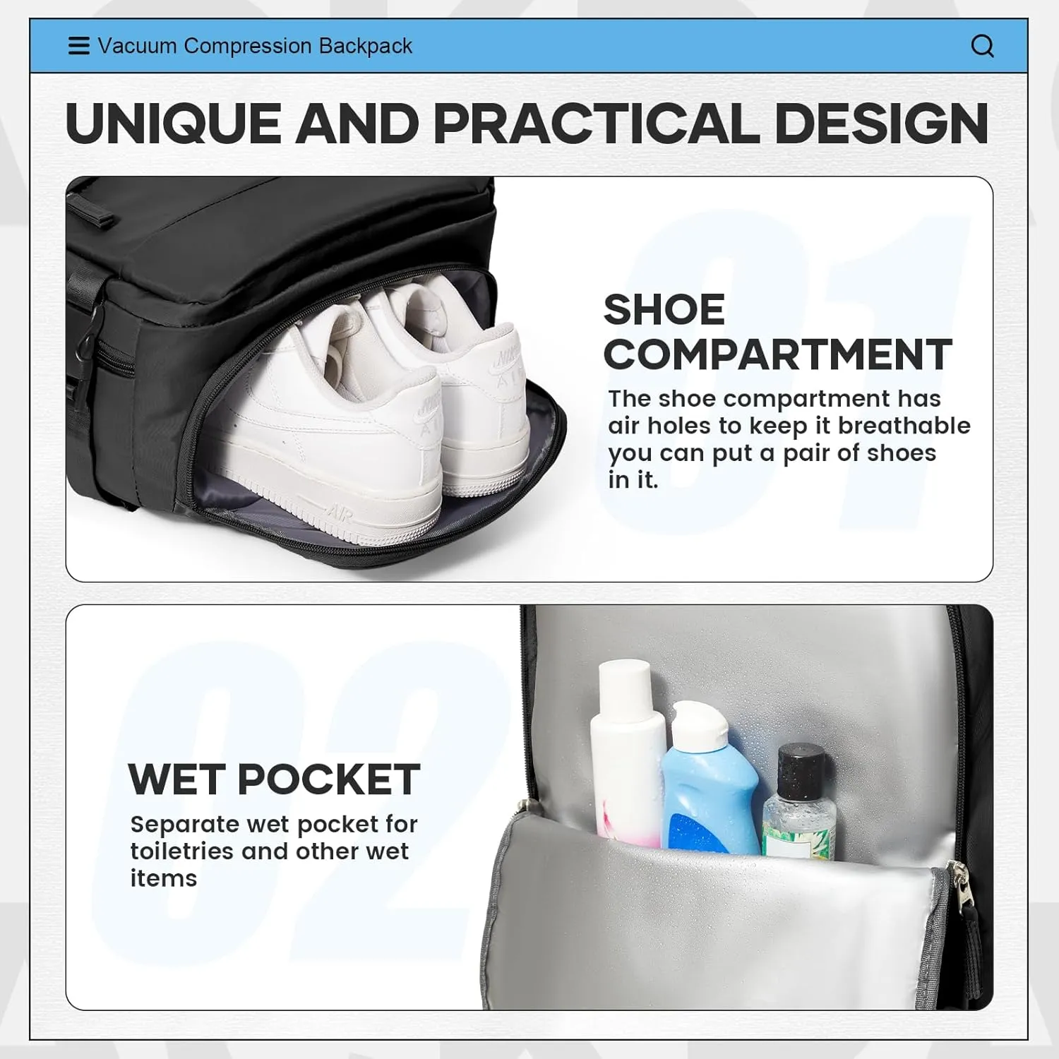 Vacuum Travel Backpack with Pump for Women Men Carry on Backpack Luggage Flight Approved Personal item Travel Bag Essentials With Wet and Dry Separation Bag