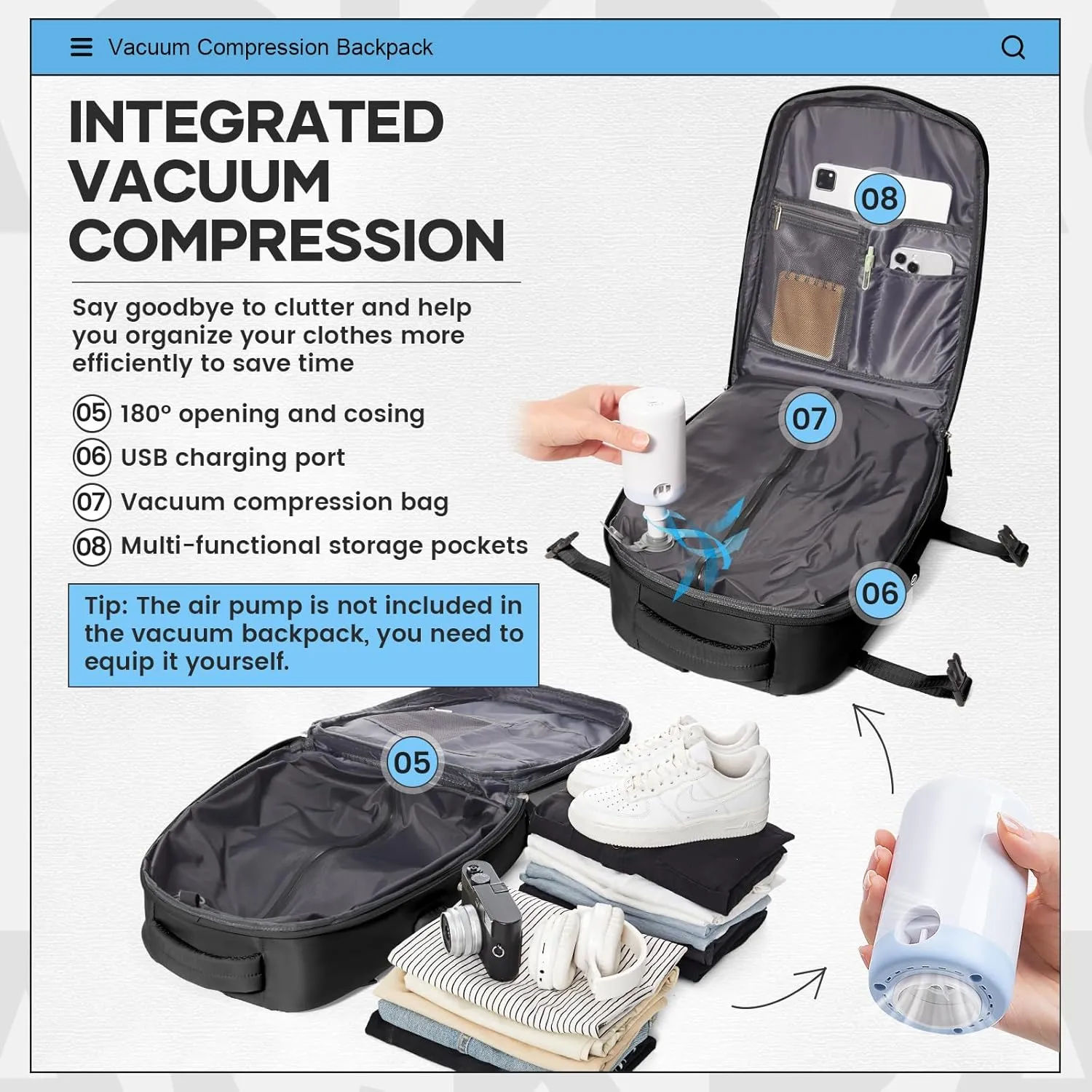 Vacuum Travel Backpack with Pump for Women Men Carry on Backpack Luggage Flight Approved Personal item Travel Bag Essentials With Wet and Dry Separation Bag