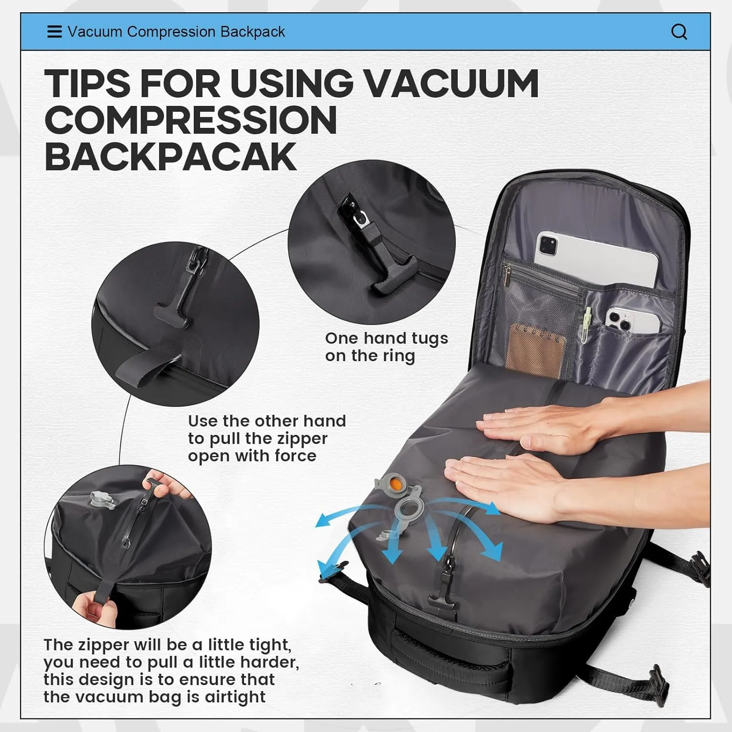 Vacuum Travel Backpack with Pump for Women Men Carry on Backpack Luggage Flight Approved Personal item Travel Bag Essentials With Wet and Dry Separation Bag