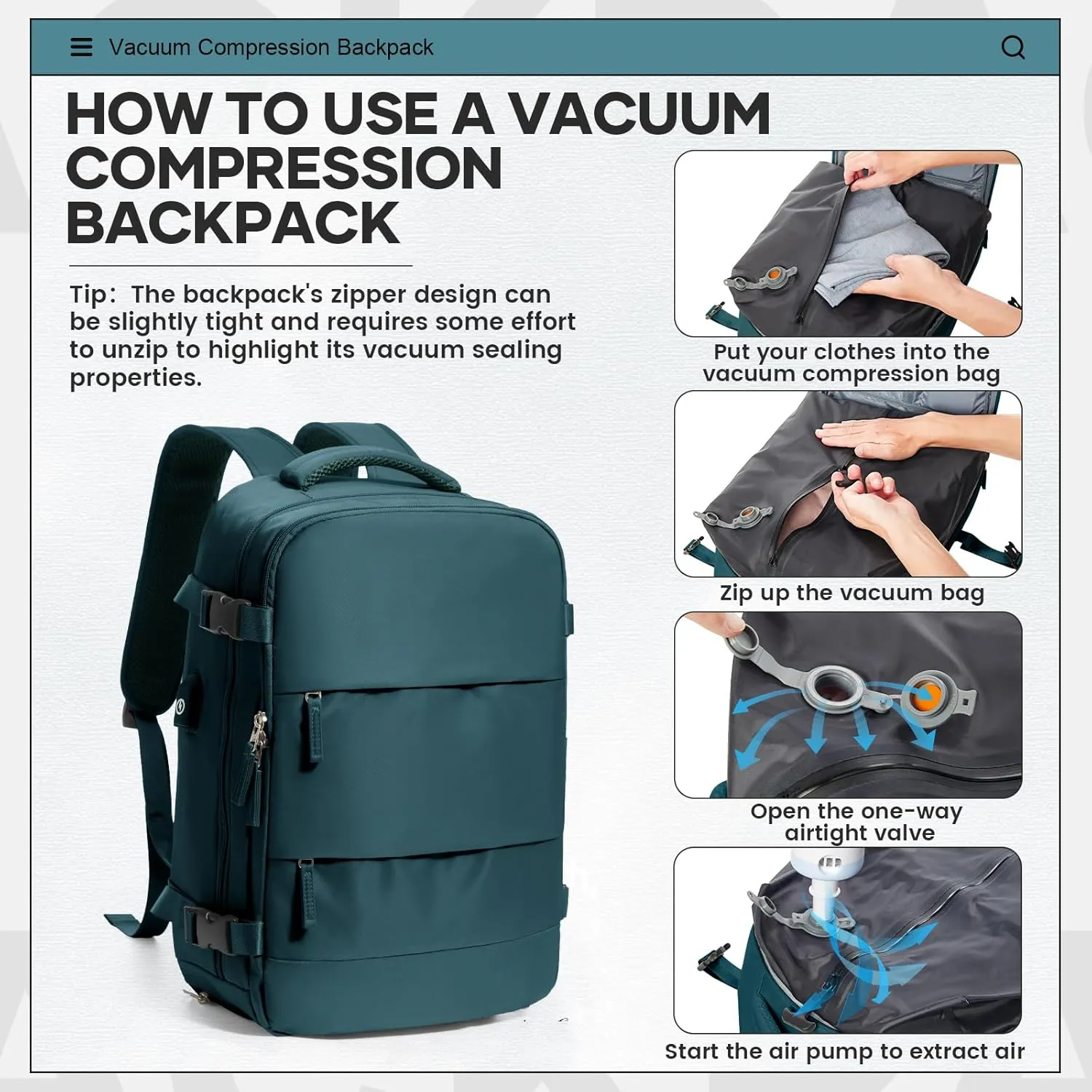 Vacuum Travel Backpack with Pump for Women Men Carry on Backpack Luggage Flight Approved Personal item Travel Bag Essentials With Wet and Dry Separation Bag