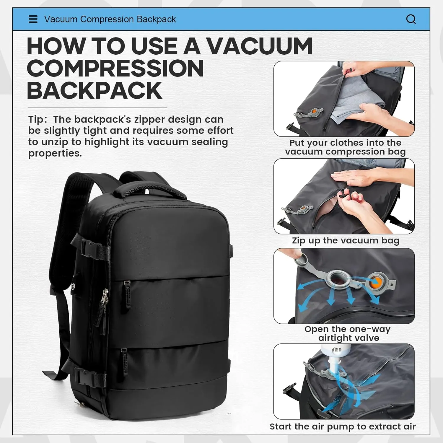 Vacuum Travel Backpack with Pump for Women Men Carry on Backpack Luggage Flight Approved Personal item Travel Bag Essentials With Wet and Dry Separation Bag