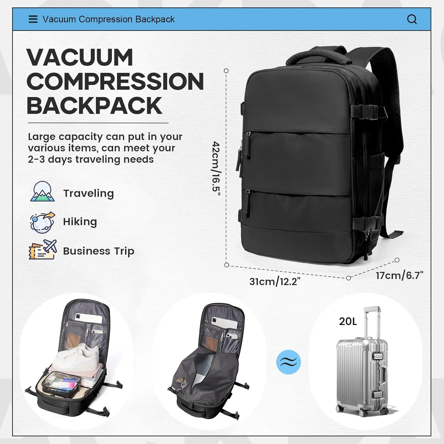 Vacuum Travel Backpack with Pump for Women Men Carry on Backpack Luggage Flight Approved Personal item Travel Bag Essentials With Wet and Dry Separation Bag