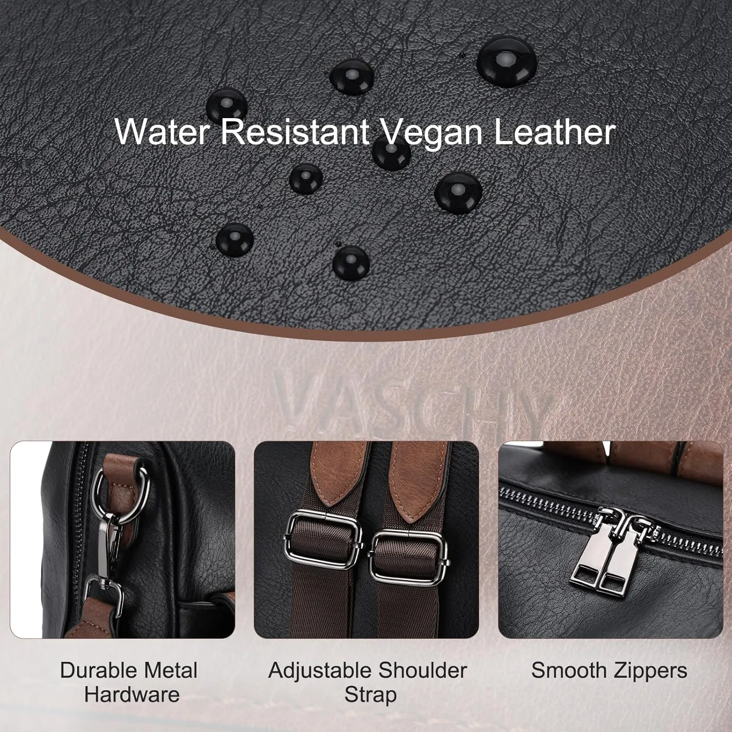 VASCHY Backpack Purse for Women, Large Vegan Leather Backpack Purse with Wallet Pouch Set Convertible Handbag for Ladies Guitar Strap Black and Brown