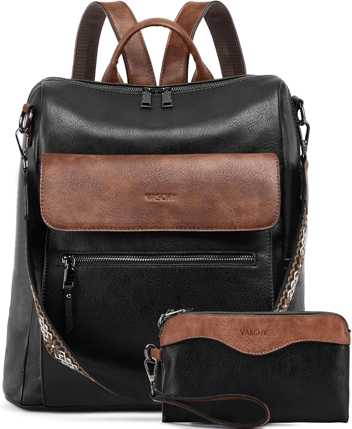 VASCHY Backpack Purse for Women, Large Vegan Leather Backpack Purse with Wallet Pouch Set Convertible Handbag for Ladies Guitar Strap Black and Brown