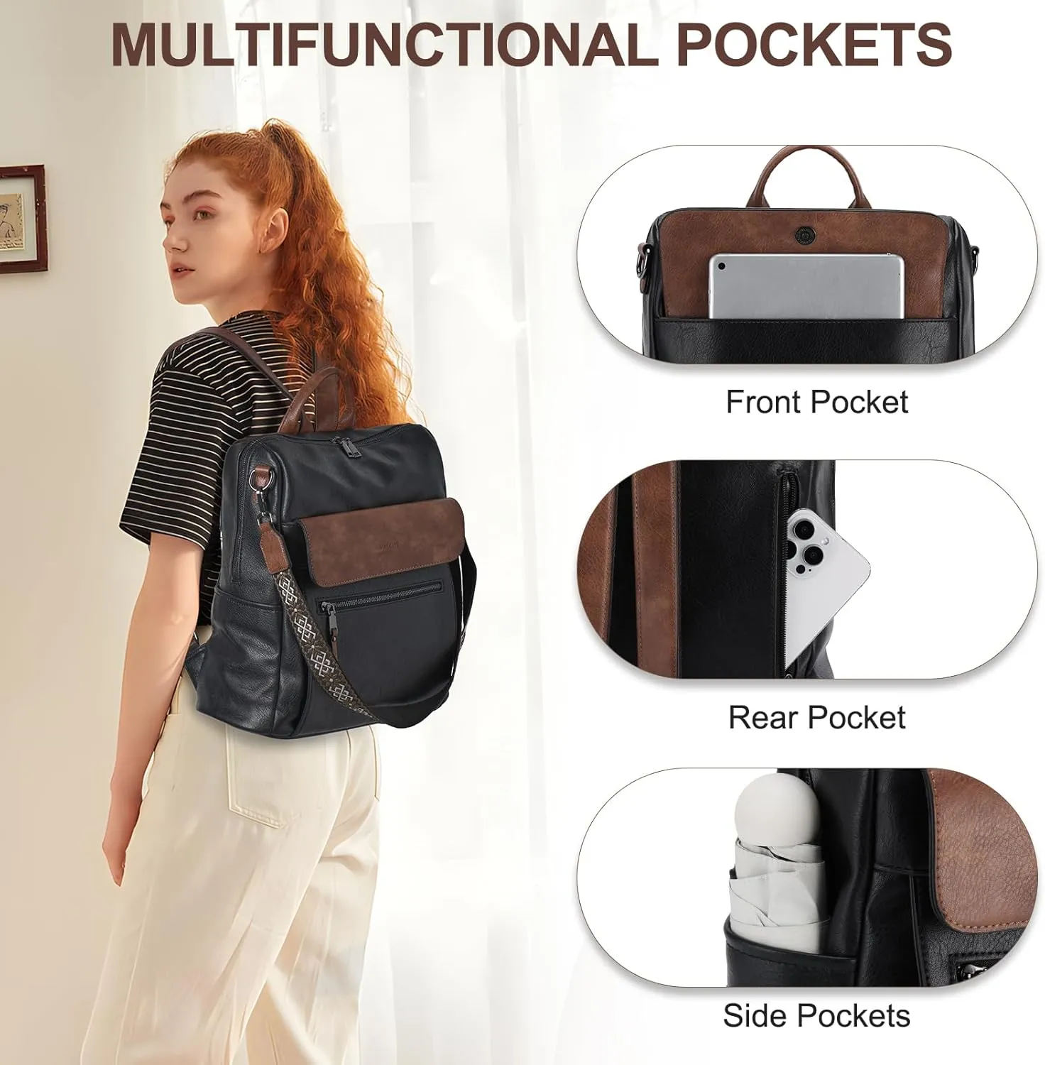 VASCHY Backpack Purse for Women, Large Vegan Leather Backpack Purse with Wallet Pouch Set Convertible Handbag for Ladies Guitar Strap Black and Brown
