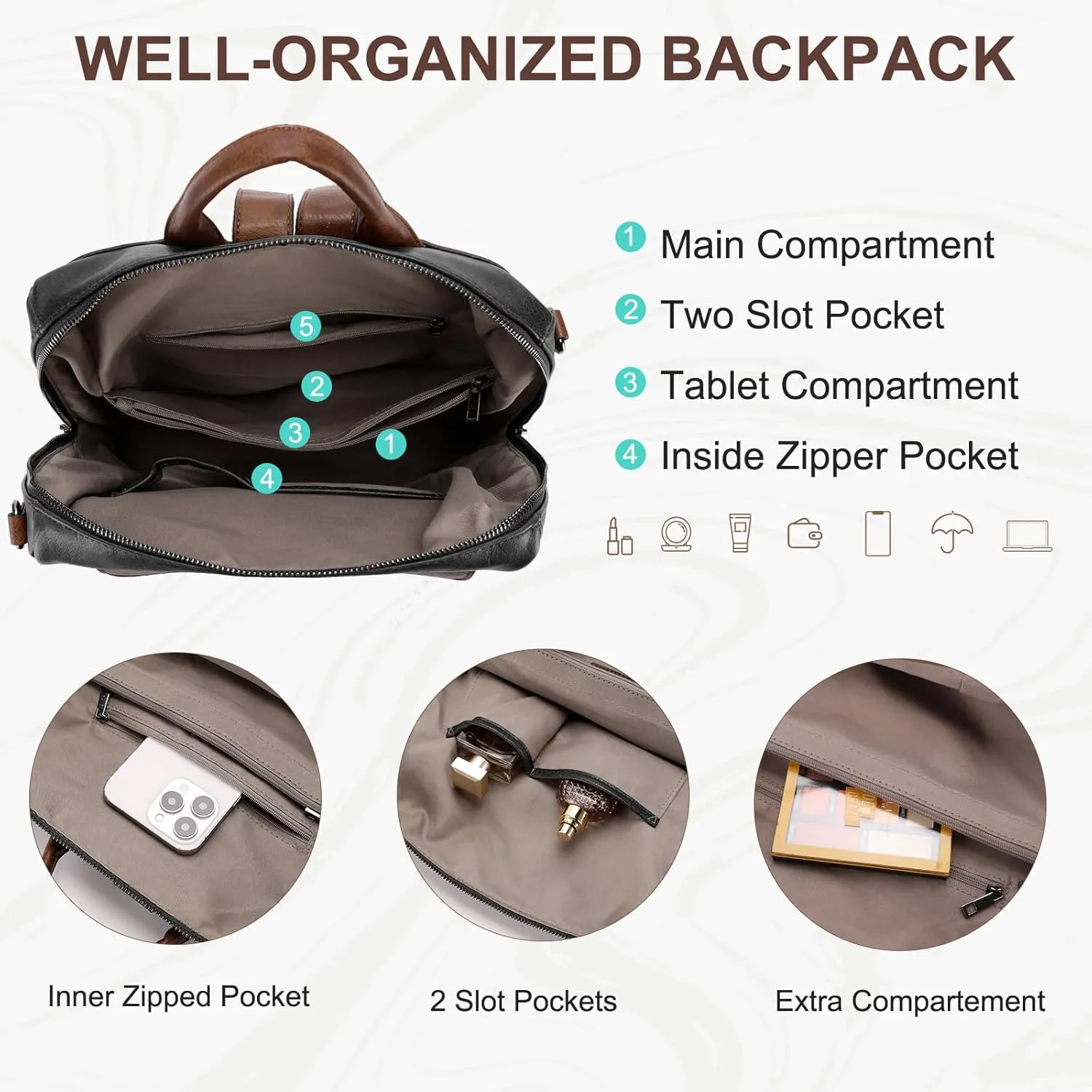 VASCHY Backpack Purse for Women, Large Vegan Leather Backpack Purse with Wallet Pouch Set Convertible Handbag for Ladies Guitar Strap Black and Brown