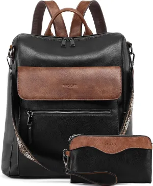 VASCHY Backpack Purse for Women, Large Vegan Leather Backpack Purse with Wallet Pouch Set Convertible Handbag for Ladies Guitar Strap Black and Brown