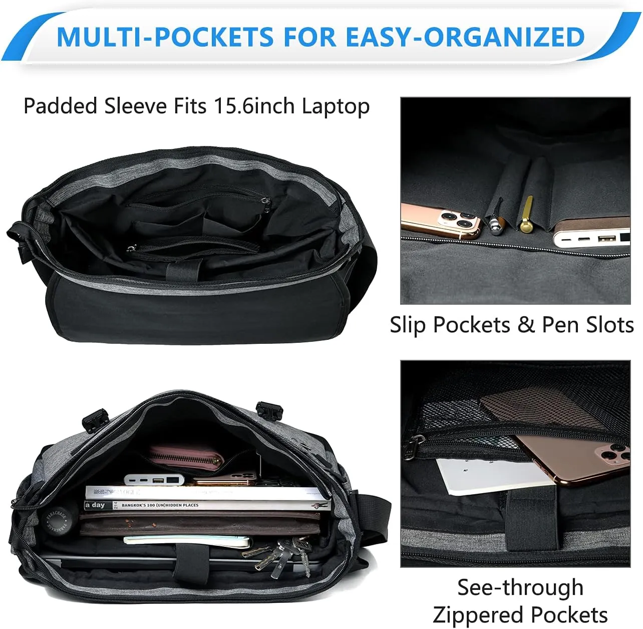 VASCHY Messenger Bag for Men, Fashion Laptop Satchel Crossbody Shoulder Side Bag for Men and Women for Work,Business