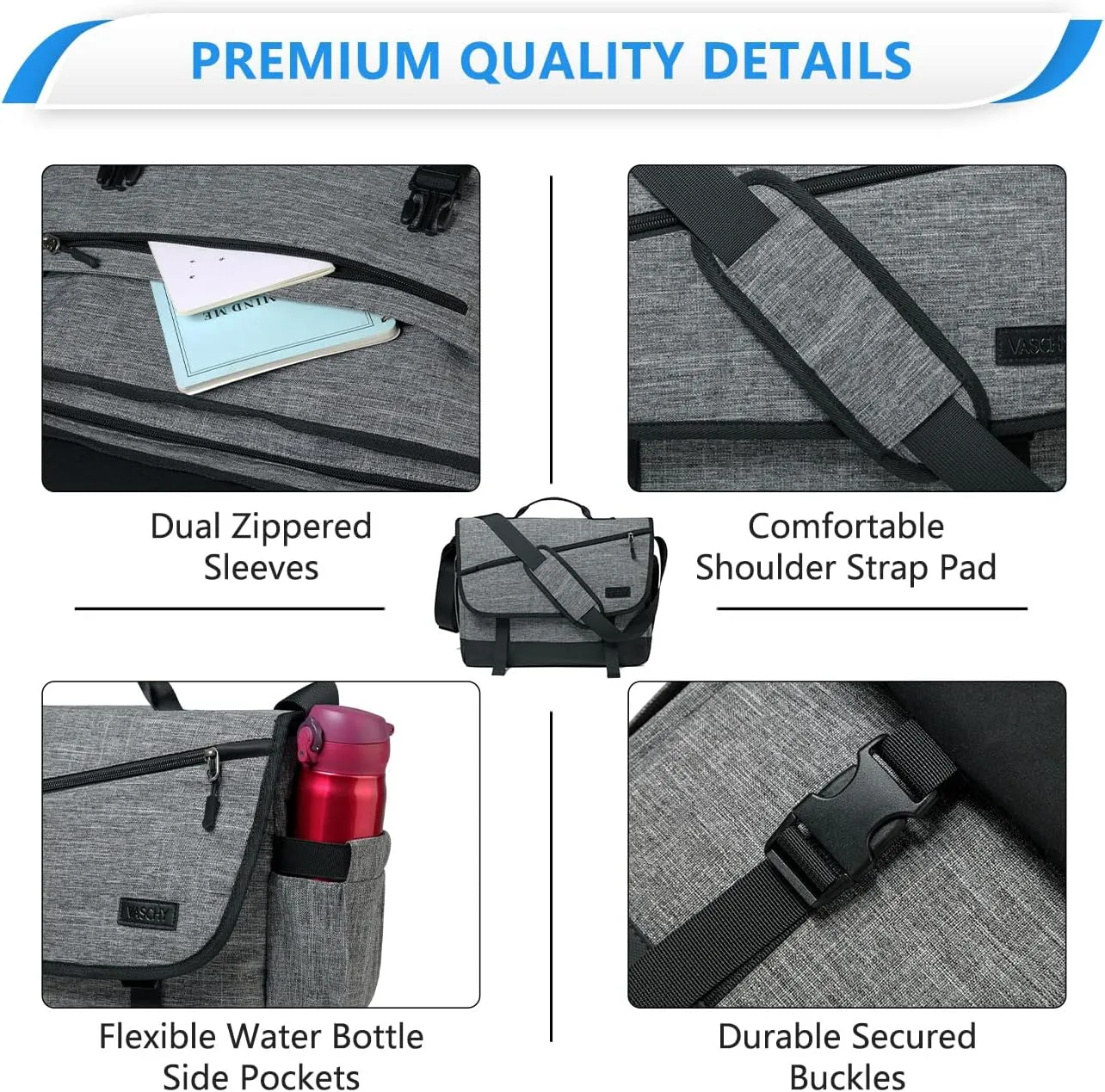 VASCHY Messenger Bag for Men, Fashion Laptop Satchel Crossbody Shoulder Side Bag for Men and Women for Work,Business