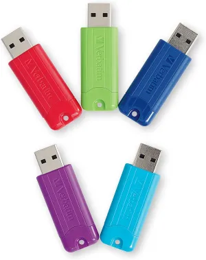 Verbatim 64GB Pinstripe USB 3.2 Gen 1 Flash Drive Retractable Thumb Drive - 5 Pack - Multicolor (Green, Blue, Red, Purple, Cyan)